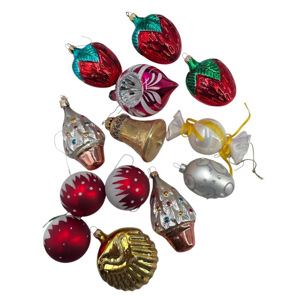 Lot of 13 Vintage Glass Works Christmas Ornaments Various Types Brands